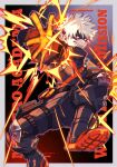  1boy ankle_boots background_text baggy_pants bakugou_katsuki bangs belt black_background black_belt black_mask black_pants blonde_hair boku_no_hero_academia boots border chromatic_aberration colored_shoe_soles combat_boots commentary_request copyright_name dated_commentary explosion eye_mask film_grain full_body gloves gradient_background grin hands_up high_collar knee_pads knees_up looking_at_viewer looking_to_the_side male_focus midair official_alternate_costume orange_gloves outside_border outstretched_arm pants partial_commentary purple_outline rectangle red_background red_eyes shoe_soles short_hair sideways_glance smile solo spiked_hair tannoci thigh_pouch thigh_strap twitter_username two-tone_footwear white_border x 