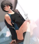  1girl amagami black_hair black_jacket black_one-piece_swimsuit black_sailor_collar black_socks classroom competition_swimsuit desk dutch_angle feet_out_of_frame highres indoors jacket kibito_high_school_uniform looking_at_viewer nanasaki_ai one-piece_swimsuit open_clothes open_jacket sailor_collar school_desk school_uniform short_hair signature sitting socks solo swimsuit two-tone_swimsuit yoo_tenchi 