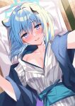  1girl :d animal_ears bangs blue_archive blue_eyes blue_hair blush breasts cleavage hair_between_eyes halo japanese_clothes kimono kinona lying medium_breasts obi on_back open_clothes pillow print_kimono sash shigure_(blue_archive) shigure_(hot_spring)_(blue_archive) smile solo tatami white_kimono yagasuri 