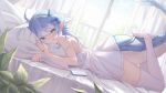  1girl absurdres ahoge aqua_eyes bangs bed bed_sheet blue_hair blue_nails cellphone cropped_tail curtains facial_tattoo fangs head_on_pillow highres holding holding_pillow horns indie_virtual_youtuber light_blue_hair looking_at_viewer lying midori_xu nightgown on_pillow on_stomach paroniie_(vtuber) phone pillow plant pointy_ears sidelocks smartphone smile spiked_hair tattoo thighhighs white_nightgown white_thighhighs window 