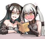  2girls arm_on_table bare_shoulders black_gloves black_hair blush book breasts collarbone destroyer_(girls&#039;_frontline) dreamer_(girls&#039;_frontline) embarrassed girls&#039;_frontline gloves grey_hair hair_between_eyes hair_ornament highres holding holding_book long_hair multicolored_hair multiple_girls open_mouth orange_eyes parody pointing reading senpaihawkkun simple_background sleeveless smile sweat the_elder_scrolls twintails upper_body white_background 