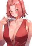  1girl absurdres bangs bare_shoulders blush breasts cleavage closed_mouth collarbone green_eyes hairband haruno_sakura highres large_breasts looking_at_viewer naruto_(series) naruto_shippuuden no_bra parted_bangs pink_hair red_hairband red_vest rororo shiny_skin simple_background smile solo upper_body vest white_background 