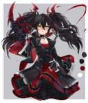  1girl absurdres azur_lane bangs bat_hair_ornament bat_wings black_capelet black_dress black_hair breasts capelet claws cleavage color_guide cross crossed_bangs dress g3_(bitgiii) grey_background hair_ornament head_wings highres iron_cross layered_dress long_hair looking_at_viewer mechanical_arms multicolored_hair pointy_ears red_dress red_hair small_breasts smile solo streaked_hair twintails two-tone_background white_background wings yellow_eyes z24_(azur_lane) 