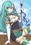  1girl aqua_hair armor black_dress blue_sky braid breastplate breasts chloe_(fire_emblem) cleavage cloud commentary covered_navel day dress earrings elbow_gloves fire_emblem fire_emblem_engage garter_straps gloves green_eyes gyozart highres holding holding_polearm holding_weapon jewelry long_hair looking_at_viewer pencil_dress polearm shoulder_armor sitting sky small_breasts smile solo thighhighs thighs very_long_hair weapon white_gloves 