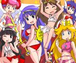  6+girls athena_(series) bikini black_eyes black_hair blonde_hair blue_eyes blush brown_hair closed_eyes crown druaga_no_tou fairy_wings holding holding_sword holding_weapon honey_bee_(bug-tte_honey) ki_(druaga) kiki_kaikai long_hair looking_at_viewer mario_(series) multiple_girls ofuda one_eye_closed princess_athena princess_peach purple_eyes purple_hair sayo_(kiki_kaikai) smile swimsuit sword t2 takahashi_meijin_no_bug-tte_honey weapon wings 