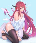 1girl bangs between_legs blue_eyes breasts cleavage crystal_wings heterochromia highres hololive hololive_english horns irys_(hololive) long_hair looking_at_viewer multicolored_hair off_shoulder panties pillow pointy_ears purple_eyes purple_hair red_hair shirt smile solo streaked_hair the_raineman thighhighs underwear very_long_hair virtual_youtuber 