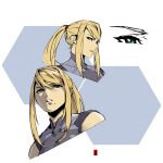  1girl aqua_eyes artist_logo blonde_hair grey_background grey_shirt harymachinegun long_hair metroid mole mole_under_mouth multiple_views parted_lips ponytail red_scrunchie samus_aran scrunchie shirt sidelocks sleeveless sleeveless_shirt two-tone_background upper_body white_background 