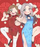  ;d blue_dress brown_eyes brown_hair bun_cover china_dress chinese_clothes double_bun dress fighting_stance flower grey_eyes grey_hair hair_bun highres leaf_(pokemon) leg_up low_twintails lyra_(pokemon) one_eye_closed pokemon pokemon_(game) pumpkinpan red_background red_dress smile thighhighs twintails 