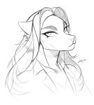  2022 anthro bust_portrait clothed clothing dated ears_back eyebrows eyelashes female hi_res looking_aside monochrome mouth_closed pivoted_ears portrait signature simple_background solo unknowhiter 