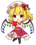  1girl :d ascot back_bow bangs bat_wings blonde_hair blush bow chibi commentary crystal eyelashes fang flandre_scarlet frilled_skirt frills hair_between_eyes happy hat hat_bow heart highres holding holding_heart long_sleeves looking_at_viewer open_mouth rainbow_order red_bow red_eyes red_skirt ruhika side_ponytail simple_background skirt smile solo symbol-only_commentary touhou white_background white_bow white_headwear wings yellow_ascot 