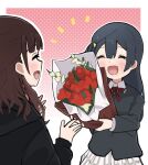  2girls bangs black_hair black_jacket blush bouquet brown_hair flower hair_ornament holding holding_bouquet holding_flower hood hooded_jacket jacket kusunoki_tomori long_hair love_live! love_live!_nijigasaki_high_school_idol_club multiple_girls nijigasaki_academy_school_uniform one_side_up polka_dot polka_dot_background school_uniform sidelocks tears thank_you upper_body voice_actor voice_actor_connection yanase_eiwa yuuki_setsuna_(love_live!) 