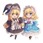  2girls alice_margatroid black_dress blonde_hair blue_dress blue_eyes book chibi dress hat highres holding_hands kirisame_marisa long_hair looking_at_another mechrailgun multiple_girls short_hair simple_background smile standing standing_on_one_leg star_(symbol) touhou white_background witch_hat yellow_eyes 