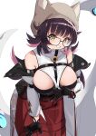  1girl :d absurdres animal_hat arknights bangs bare_shoulders between_breasts black-framed_eyewear black_bra black_gloves black_hair blush bra breasts brown_headwear deepcolor_(arknights) deepcolor_(melodic_portrayal)_(arknights) glasses gloves grin hand_on_own_thigh hat highres jacket large_breasts leaning_forward long_sleeves looking_at_viewer multicolored_hair open_clothes open_jacket pants parted_lips pink_hair pomegranate_nana red_pants simple_background smile solo tentacles two-tone_hair underwear white_background white_jacket yellow_eyes 