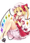  1girl apple ascot back_bow bangs bare_legs barefoot bat_wings between_legs blonde_hair bloomers blush bow closed_mouth commentary crossed_legs crystal fingernails flandre_scarlet food frilled_cuffs frilled_skirt frills fruit full_body hair_between_eyes hair_bow hands_up hat highres holding holding_food holding_fruit knees_up laevatein_(tail) legs_together long_hair looking_at_viewer mob_cap puffy_short_sleeves puffy_sleeves rainbow red_bow red_eyes red_skirt red_vest red_wrist_cuffs ruhika shirt short_sleeves side_ponytail simple_background sitting skirt smile solo tail tail_between_legs touhou underwear vest white_background white_bloomers white_bow white_headwear white_shirt wings yellow_ascot 