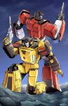  artist_name back-to-back blue_eyes energy_gun english_commentary frown gabbygerbs gun highres holding holding_gun holding_weapon mecha night night_sky no_humans one_knee open_hand robot science_fiction sideswipe sky standing star_(sky) starry_sky sunstreaker the_transformers_(idw) transformers weapon 