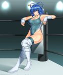  1girl :d against_wall alternate_costume aqua_leotard arm_rest armpits bangs blue_eyes blue_hair blush boots breasts cleavage commentary_request covered_navel curvy drill_hair drill_locks fingerless_gloves from_side full_body gloves groin hair_between_eyes hair_ornament hair_rings hair_stick half-closed_eyes highleg highleg_leotard highres indoors kaku_seiga knee_boots knee_pads large_breasts leotard lights looking_at_viewer mattyakinako_(odango_imomushi) medium_hair parted_lips raised_eyebrows red_lips shadow smile solo standing sweat thick_thighs thighhighs thighs touhou touhou_tag_dream white_footwear white_gloves white_thighhighs wrestling_outfit wrestling_ring 