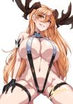  1girl :d arm_strap ass_visible_through_thighs bare_shoulders black_gloves blonde_hair breasts cleavage commission dated gloves grin groin hair_ornament hairclip hand_on_own_thigh highres kneeling large_breasts long_hair looking_at_viewer navel orange_eyes original parted_lips rantia signature simple_background slingshot_swimsuit smile stomach swimsuit thigh_strap very_long_hair white_background 