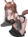  1girl animal_ears arched_back arknights ass bangs bare_shoulders bent_over black_bra black_panties black_ribbon black_skirt blunt_bangs blush bra breasts brown_eyes brown_hair cleavage clothes_pull collarbone cropped_legs feet_out_of_frame fox_ears fox_girl fox_tail franka_(arknights) grey_shirt half_updo hand_up highres large_breasts legs_apart lingerie long_hair looking_at_viewer lower_teeth_only open_clothes open_mouth open_shirt open_skirt panties ribbon ribbon_bra shirt sidelocks simple_background skirt skirt_pull smile solo standing sthk tail teeth underwear undressing white_background zipper_skirt 