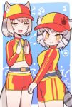  2girls :d alternate_costume animal_ear_fluff animal_ears baseball_cap belt blush brown_hair cat_ears cat_girl cat_tail clapping crop_top ears_through_headwear fox_ears fox_girl fox_tail grey_hair hat kemono_friends kemono_friends_3 kitsunetsuki_itsuki lifeguard long_sleeves matching_outfit multicolored_hair multiple_girls open_mouth pallas&#039;s_cat_(kemono_friends) short_hair short_shorts shorts smile swimsuit tail tibetan_fox_(kemono_friends) yellow_eyes 