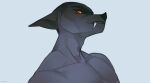  2022 anthro artist_name big_fangs black_eyebrows black_nose blue_background bust_portrait dated ears_back eyebrows grey_body grey_ears hi_res looking_at_viewer male muscular muscular_anthro muscular_male orange_eyes pivoted_ears portrait pupils simple_background slit_pupils solo species_request unknowhiter 