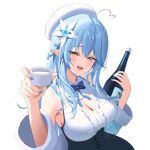  1girl absurdres ahoge beret blue_hair blue_nails blush bottle breasts choko_(cup) cleavage cleavage_cutout clothing_cutout cup drunk flower hair_flower hair_ornament hat heart heart_ahoge highres hololive large_breasts long_hair nail_polish open_mouth pointy_ears ri_qing sake_bottle virtual_youtuber white_background yellow_eyes yukihana_lamy 