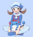  1girl :d blue_background blue_footwear blue_headwear blue_sweater blue_theme blue_thighhighs brown_eyes brown_hair commentary hat indian_style looking_at_viewer low_twintails lyra_(pokemon) marill medium_hair overalls pokemon pokemon_(creature) pokemon_(game) pokemon_hgss pumpkinpan red_overalls sitting smile sweater thighhighs twintails 