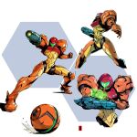  1girl armor artist_logo full_armor grey_background harymachinegun metroid multiple_views power_armor power_suit_(metroid) samus_aran two-tone_background white_background 