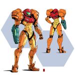  1girl armor artist_logo full_armor full_body harymachinegun metroid multiple_views power_armor power_suit_(metroid) samus_aran simple_background solo white_background 