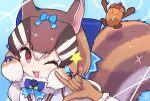  1girl :3 acorn blue_bow blue_bowtie blush bow bowtie brown_eyes brown_gloves brown_hair chipmunk_ears chipmunk_girl chipmunk_tail fur_collar gloves hair_bow juliet_sleeves kemono_friends kemono_friends_v_project kitsunetsuki_itsuki light_brown_hair long_sleeves looking_at_viewer multicolored_hair one_eye_closed open_mouth puffy_sleeves shirt short_hair siberian_chipmunk_(kemono_friends) sidelocks smile solo star_(symbol) virtual_youtuber white_fur white_hair white_shirt 