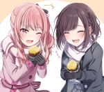  1girl 1other akiyama_mizuki androgynous black_gloves brown_hair do_while02 drill_hair eating food gloves jacket jirai_kei long_hair long_sleeves looking_at_viewer medium_hair one_eye_closed open_mouth other_focus pink_eyes pink_hair pink_jacket pink_scarf project_sekai roasted_sweet_potato scarf shinonome_ena side_drill sweet_potato tearing_up tears 