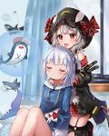  2girls :d absurdres animal_hood belt black_belt black_footwear black_gloves black_hair black_jacket black_thighhighs bloop_(gawr_gura) blue_eyes blue_hair blue_hood blush braid camisole closed_eyes closed_mouth fang fingerless_gloves gawr_gura gloves grey_hair hair_ornament highres hololive hololive_english hood jacket looking_at_viewer massage medium_hair multicolored_hair multiple_girls nekopurin_(nyanko_prin) open_mouth orca_hood pleated_skirt red_eyes red_skirt sakamata_chloe shark_hair_ornament shark_hood shoes short_twintails shoulder_massage single_braid skirt smile streaked_hair thighhighs torn_clothes torn_thighhighs twintails virtual_youtuber white_camisole x_hair_ornament 