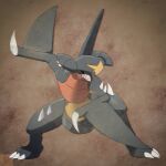 animal_focus arm_up black_sclera brown_background chromatic_aberration collarbone colored_sclera commentary_request dragon fighting_stance garchomp herari leaning_forward legs_apart no_humans open_mouth pokemon pokemon_(creature) sharp_teeth simple_background solo standing teeth yellow_eyes 