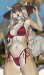  2023 absurd_res anthro bikini biped blonde_hair blue_sky blurred_background breasts brown_clothing brown_eyebrows brown_hat brown_headwear canid canine clothed clothing countershade_face countershade_fur countershade_legs countershade_thighs countershade_torso countershading digital_media_(artwork) eyebrows eyelashes female fur hair hand_on_hat hat headgear headwear hi_res long_hair mammal navel novery outside palm_tree plant portrait red_bikini red_clothing red_swimwear shaded side-tie_bikini sky solo standing straw_hat swimwear tail tan_body tan_fur teeth three-quarter_portrait tree white_body white_fur 