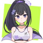  1girl black_hair blue_archive border breasts choker closed_mouth collarbone flower green_background green_choker hair_flower hair_ornament hair_scrunchie highres inu_(inu2inu) jacket jacket_partially_removed light_blush long_hair looking_at_viewer medium_breasts off_shoulder ponytail purple_eyes purple_scrunchie scrunchie simple_background solo sports_bra sumire_(blue_archive) white_border 