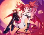  1girl bat_wings belt black_choker black_footwear black_gloves boots bra bracelet breasts building choker demon_tail disgaea earrings elbow_gloves etna_(disgaea) floating full_body gloves heart highres jewelry looking_at_viewer makai_senki_disgaea moon night pointy_ears r_1_c_0 red_eyes red_hair red_thighhighs skull_earrings small_breasts solo tail thigh_boots thighhighs thighhighs_under_boots twintails underwear wings 