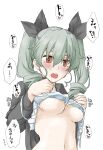  1girl anchovy_(girls_und_panzer) black_ribbon blush bra breasts commentary_request drill_hair elf_(stroll_in_the_woods) girls_und_panzer green_hair hair_ribbon highres long_hair looking_at_viewer navel open_mouth red_eyes ribbon simple_background solo speech_bubble sweat teeth translation_request twin_drills twintails underwear upper_teeth_only white_background 
