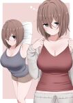  adjusting_clothes arms_behind_head blue_camisole border breasts brown_hair brown_shorts camisole cleavage collarbone feet_out_of_frame hair_between_eyes highres ikari_manatsu kamihira_mao large_breasts messy_hair multiple_views one_eye_closed original pink_background purple_eyes red_camisole short_shorts shorts upper_body white_border 