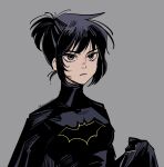  1girl bangs batgirl batman_(series) black_bodysuit black_hair bodysuit breasts brown_eyes cape cassandra_cain closed_mouth dc_comics frown gloves grey_background highres hokkemaruyaki looking_at_viewer medium_breasts short_hair solo standing superhero 