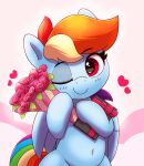  &lt;3 blue_body blue_feathers equid equine eyebrows eyelashes feathered_wings feathers flower friendship_is_magic gift hair hasbro hi_res holding_object holidays mammal multicolored_hair multicolored_tail my_little_pony navel one_eye_closed pabbley pegasus pink_eyes plant rainbow_dash_(mlp) rainbow_hair rainbow_tail ribbons rose_(flower) semi-anthro smile solo tail valentine&#039;s_day wings 