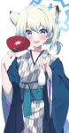  1girl :d animal_ears bad_id bad_twitter_id bath_yukata blue_archive blush bottle grey_kimono halo hand_fan highres holding holding_bottle inactive_account japanese_clothes kimono light_green_hair looking_at_viewer murase48 purple_eyes shigure_(blue_archive) shigure_(hot_spring)_(blue_archive) short_hair simple_background smile solo tokkuri weasel_ears white_background wide_sleeves yagasuri yukata 