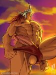  abs anthro ball_slip bandai_namco beach bodily_fluids clothing digimon digimon_(species) erection foreskin genitals hi_res iudicium86 low-angle_view male muscular nipples outside pecs penis pulling_underwear retracted_foreskin seaside sky solo speedo sunset sweat swimwear underwear vein veiny_penis wargreymon 