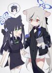  2girls :d animal_ears ba_fed_kitaku bangs black_dress black_hair black_jacket blue_archive blush breasts china_dress chinese_clothes closed_mouth cowboy_shot crossed_bangs dress frilled_skirt frills green_eyes grey_hair hair_between_eyes hair_ribbon halo holding jacket jacket_partially_removed kokona_(blue_archive) long_hair looking_at_another multiple_girls musical_note orange_eyes ribbon shun_(blue_archive) shun_(small)_(blue_archive) simple_background skirt small_breasts smile spoken_character thighhighs twintails white_background white_skirt white_thighhighs 