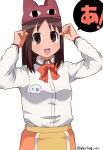  &lt;o&gt;_&lt;o&gt; 1girl :d absurdres animal_ears animal_hat apron artist_name azumanga_daioh bangs blush bow bowtie breasts brown_eyes brown_hair cat_ears cat_hat character_name commentary cowboy_shot daarin dress_shirt fake_animal_ears hands_up hat highres kasuga_ayumu long_sleeves looking_at_viewer medium_hair name_tag open_mouth orange_skirt raised_eyebrows red_bow red_bowtie red_headwear shirt simple_background skirt small_breasts smile solo speech_bubble translated twitter_username waist_apron waitress white_background white_shirt yellow_apron 