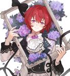  1boy ascot black_bow black_ribbon black_vest bow buttons chinese_commentary commentary_request double-breasted ensemble_stars! flower gothic_lolita head_tilt highres holding_frame hydrangea jacket lolita_fashion long_hair looking_at_viewer male_focus picture_frame purple_eyes purple_flower red_hair ribbon short_hair simple_background smile solo suou_tsukasa upper_body vest white_ascot white_background white_jacket yipingtaopuzi 
