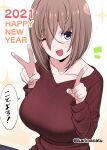  1girl ;d blue_pants breasts brown_hair collarbone hair_between_eyes happy_new_year highres ikari_manatsu index_finger_raised kamihira_mao large_breasts looking_at_viewer new_year one_eye_closed original pants purple_eyes red_sweater ribbed_sweater short_hair smile solo sparkle_background sweater twitter_username upper_body v 
