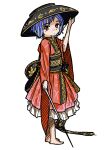  1girl barefoot blue_hair bot_mark_art floral_print hatching_(texture) holding holding_sword holding_weapon japanese_clothes kimono large_hat looking_at_viewer needle_sword outline patterned_clothing red_eyes red_kimono short_hair sukuna_shinmyoumaru sword thick_eyebrows touhou weapon white_background 