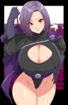  1girl belt black_bodysuit bodysuit breasts cape cityscape cleavage cleavage_cutout clenched_hand clothing_cutout dc_comics gloves highres huge_breasts kloah looking_at_viewer muscular muscular_female palette_swap power_girl purple_cape purple_gloves purple_hair red_eyes solo superhero 