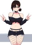  1girl absurdres bare_shoulders black_hair black_nails breasts chainsaw_man closed_mouth dashi detached_sleeves double_v fishnets gothic hair_ornament hairclip higashiyama_kobeni highres midriff mole nail_polish short_shorts shorts smile solo thigh_gap v wavy_mouth 