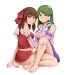  ass bad_id bad_pixiv_id barefoot bow breasts brown_hair detached_sleeves feet frog green_eyes green_hair hair_bow hair_ornament hakurei_reimu iwamochi kochiya_sanae long_hair medium_breasts multiple_girls ribbon snake touhou undressing yuri 