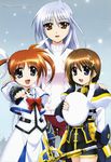  absurdres beret blue_eyes blue_hair bow brown_eyes brown_hair clenched_hand fingerless_gloves gloves hair_ornament hair_ribbon hairclip hat highres long_hair lyrical_nanoha mahou_shoujo_lyrical_nanoha mahou_shoujo_lyrical_nanoha_a's mahou_shoujo_lyrical_nanoha_a's_portable:_the_battle_of_aces megami multiple_girls non-web_source official_art okuda_yasuhiro open_mouth poster purple_eyes red_eyes reinforce ribbon schwertkreuz short_hair short_twintails single_hair_intake snow staff sweater takamachi_nanoha turtleneck twintails x_hair_ornament yagami_hayate 